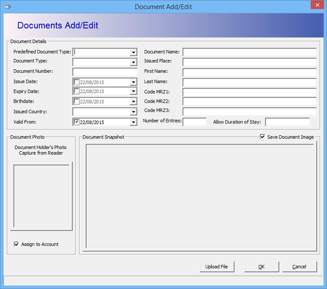 This figure shows the Travel Document Add/Edit Window This figure shows the Travel Document Add/Edit Window