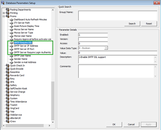 This figure shows the parameters used to set up an email server for alerts.