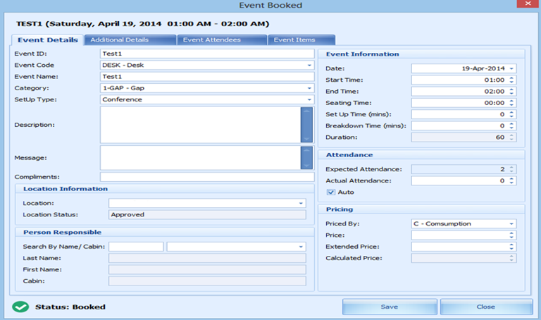 This figure shows the Event Booked window