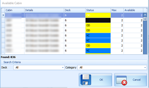 The figure shows the Available Cabin window.