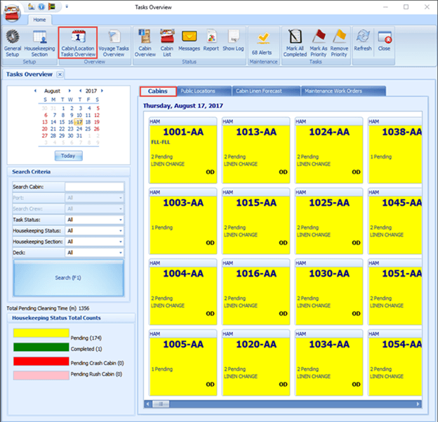 The figure shows the Cabin Tasks Overview window. The figure shows the Cabin Tasks Overview window.