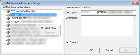 The figure shows the Maintenance Locations Setup window.