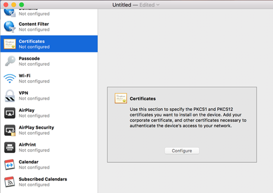 This figure shows the Certificate configuration page