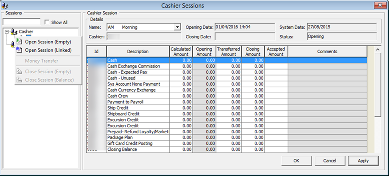 This figure shows the Cashier Sessions