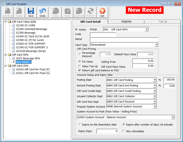 This figure shows the Gift Card Template Setup Window This figure shows the Gift Card Template Setup Window