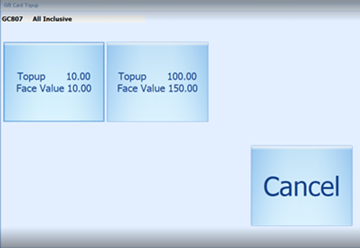 This figure shows the Gift Card Top Up Selection in POS Workstation