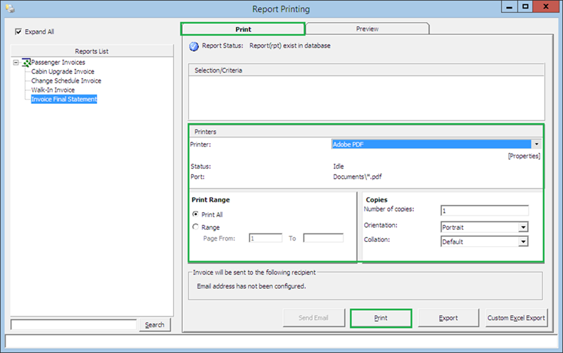 This figure shows the Print Invoice Window