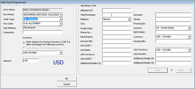 The figure shows the Payroll Adjustment window. The figure shows the Payroll Adjustment window.