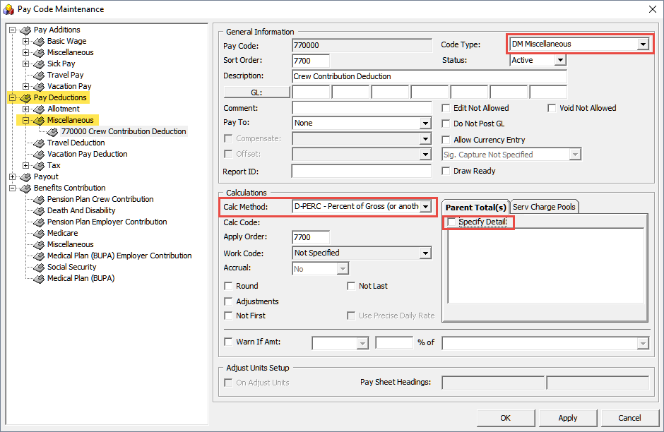 The figure shows the Pay Code Maintenance window where you can define Benefits.