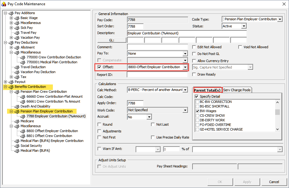 The figure shows the Pay Code Maintenance window where you can use the process Pension Plan Employer Contribution .