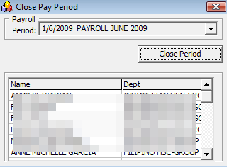 The figure shows the Close Pay Period window. The figure shows the Close Pay Period window.