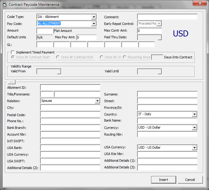 The figure shows the Contract Pay code Maintenance window. The figure shows the Contract Pay code Maintenance window.