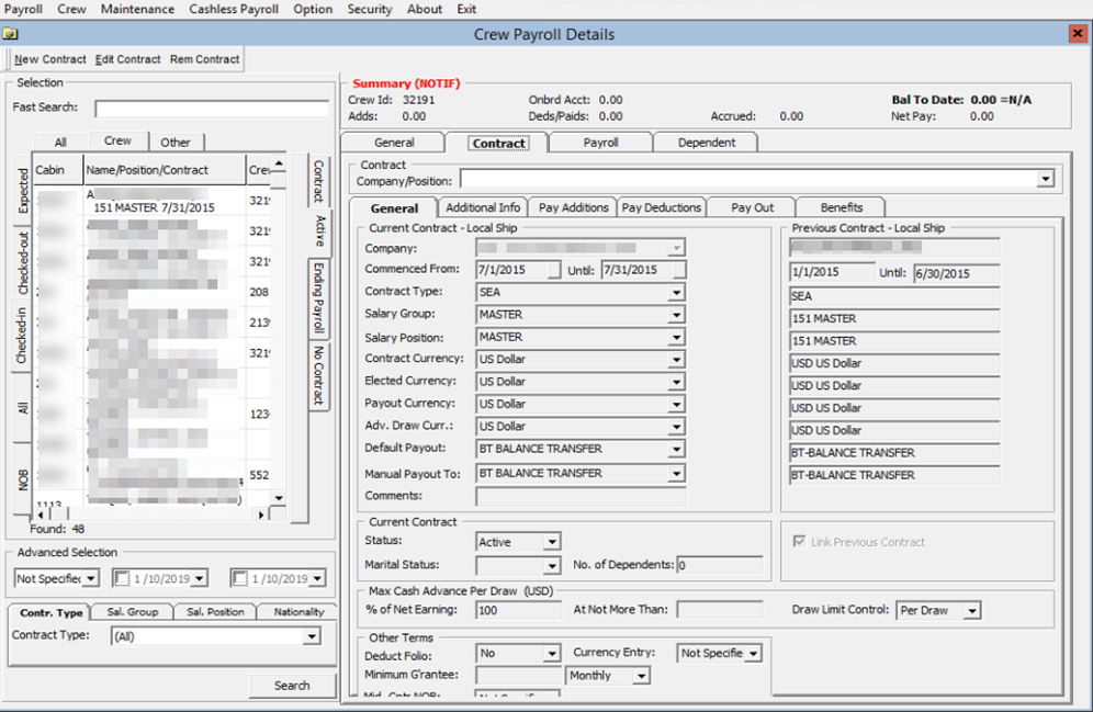 The figure shows the Crew Payroll Details window. The figure shows the Crew Payroll Details window.