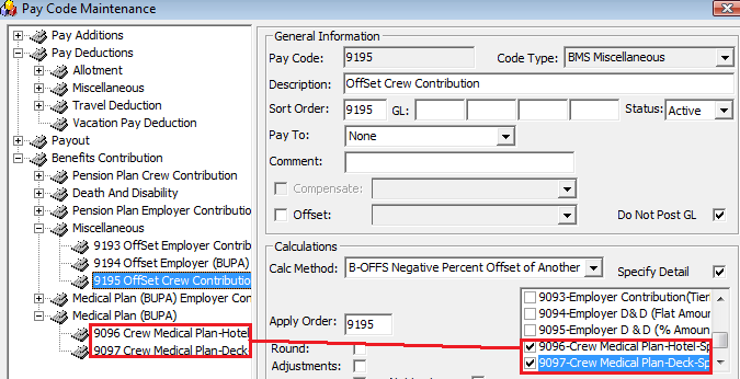 The figure shows the Pay Code Maintenance window where you can use the process Offset Crew Contribution.