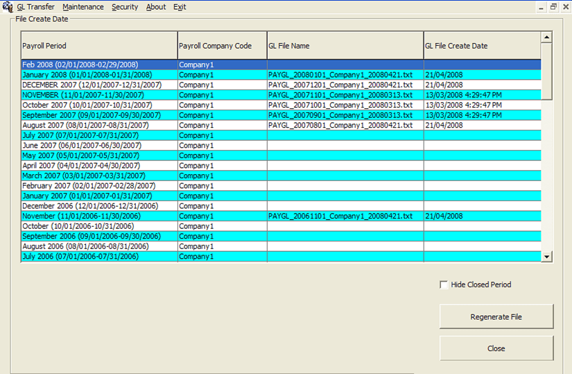 The figure shows the Regenerate GL File screen.