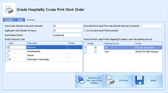 This figure shows the Print Manager Settings for Work Orders