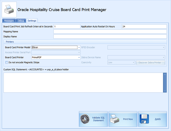 This figure shows the Print Manager Settings for Board Card Printing