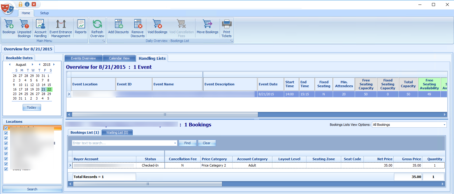 This figure shows the Event Handling Lists tab where bookings and waiting lists are listed. This figure shows the Event Handling Lists tab where bookings and waiting lists are listed.