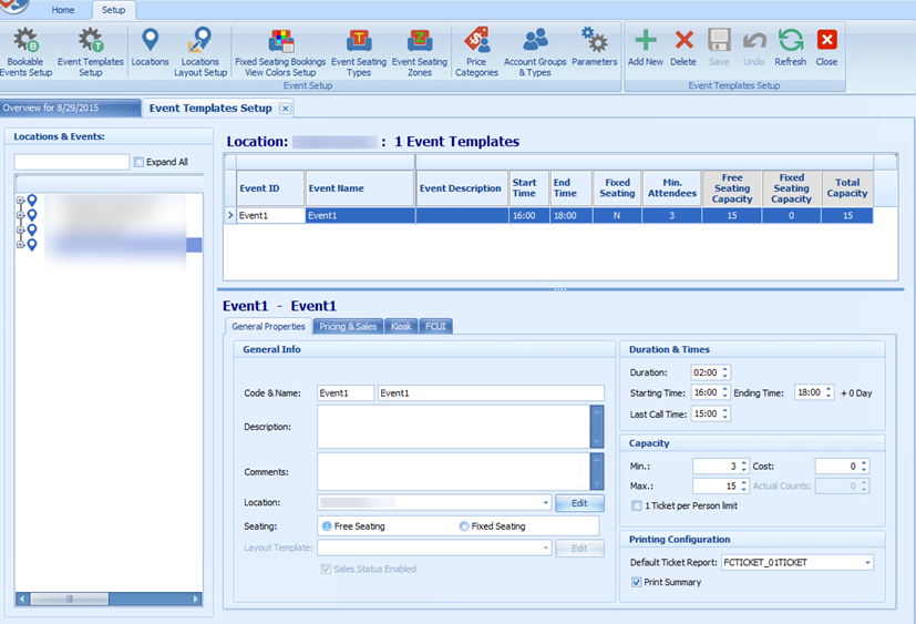 This figure shows the configuration window of Event Templates Setup