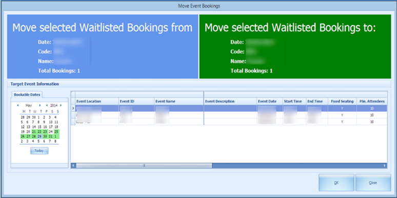 This figure shows the Move Event Bookings window This figure shows the Move Event Bookings window