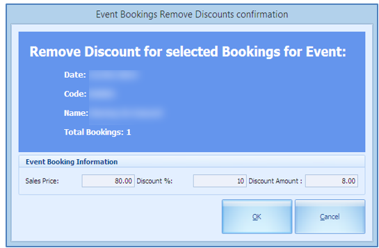 This figure shows the Remove Discount form for selected bookings where the applied discount is reversed. This figure shows the Remove Discount form for selected bookings where the applied discount is reversed.