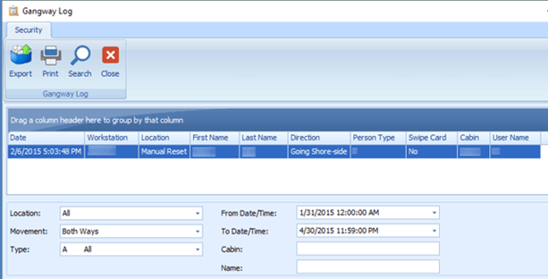 This figure shows the Gangway Log function which enable you to retrieve movement logs.