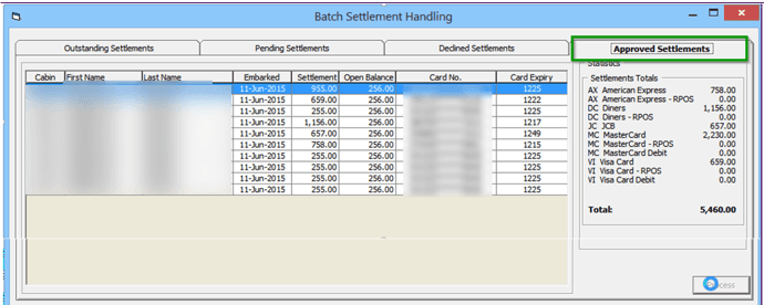 This figure shows the Management, Batch Settlement — Approved Settlement Tab/Progress Bar This figure shows the Management, Batch Settlement — Approved Settlement Tab/Progress Bar