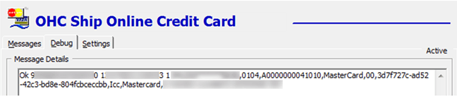 This figure shows the Response Message of Register Credit Card in Debug Details This figure shows the Response Message of Register Credit Card in Debug Details