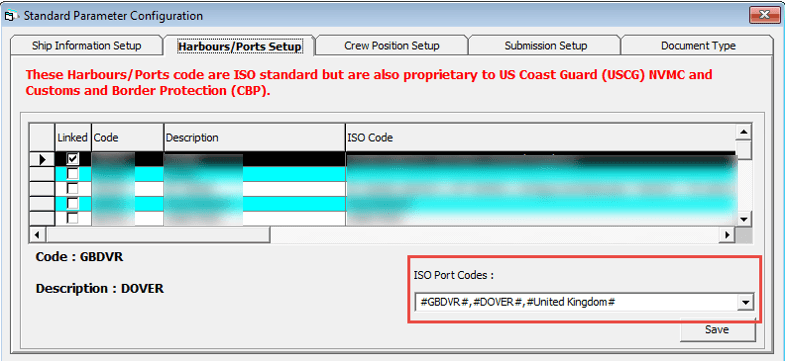 This figure shows the Harbour/Ports Setup window and the ISO Port Codes with corresponding symbols used. This figure shows the Harbour/Ports Setup window and the ISO Port Codes with corresponding symbols used.