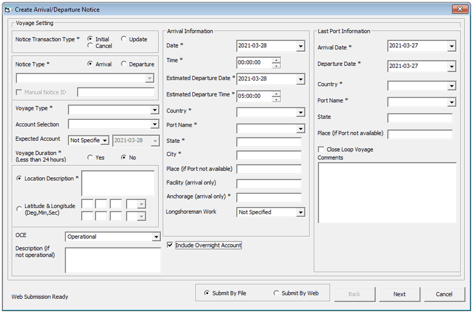 This figure shows the Create Arrival/Departure Notice window. This figure shows the Create Arrival/Departure Notice window.