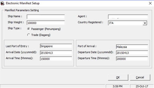 This figure shows the electronic manifest setup window for Malaysia Immigration module. This figure shows the electronic manifest setup window for Malaysia Immigration module.
