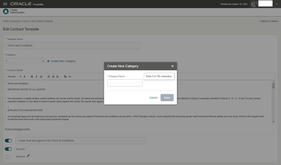 This figure shows the Contract Template New Category