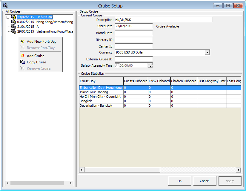 This figure shows the Cruise Setup for each cruise, the start date, base currency accepted.