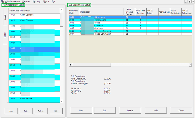 This figure shows the configuration window for Main Department and Sub-Department codes. This figure shows the configuration window for Main Department and Sub-Department codes.