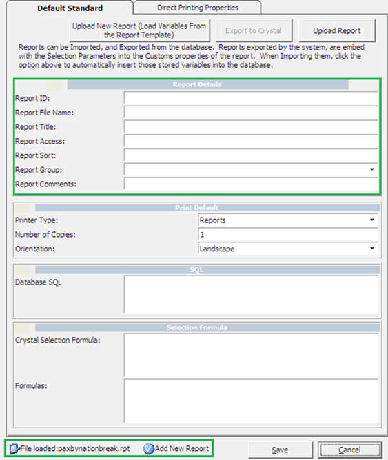 This figure shows the Default Standard tab you must fill up when creating a report.