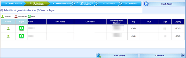 This figure shows the Select Guests screen in Check In Wizard