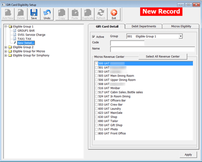 This figure shows the Gift Card Eligibility Setup