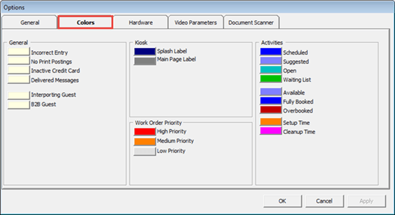 This figure shows the Options Menu, Colors Tab