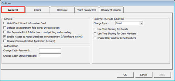This figure shows the Options Menu — General Tab
