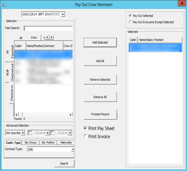 The figure shows the Pay Out Multiple Crew Members window.