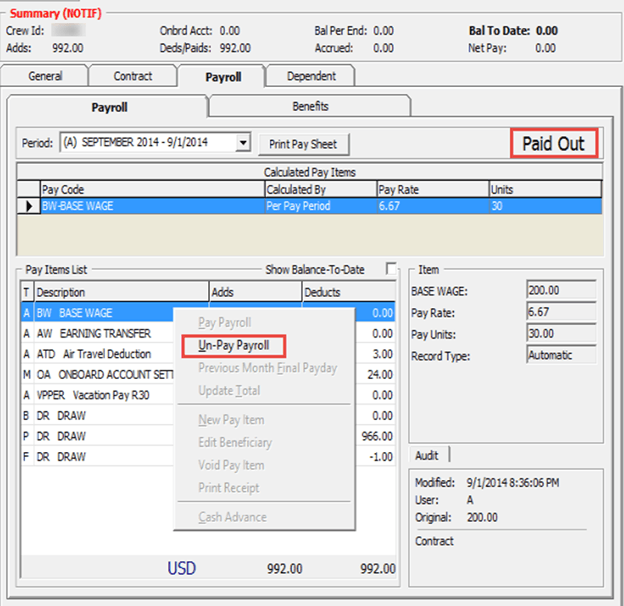 The figure shows the Payout form.