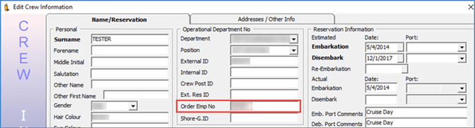 This figure shows the MICROS Order Employee ID field in Crew Information. This figure shows the MICROS Order Employee ID field in Crew Information.
