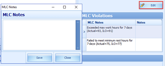 This figure shows the ILO Violations notes and function to edit the notes.
