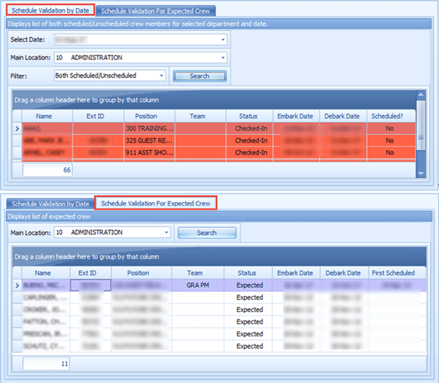 This figure shows the Schedule Validation by Date and For Expected Crew. This figure shows the Schedule Validation by Date and For Expected Crew.