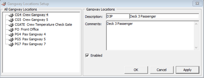This figure shows the Gangway Location setup window where locations is configured. This figure shows the Gangway Location setup window where locations is configured.