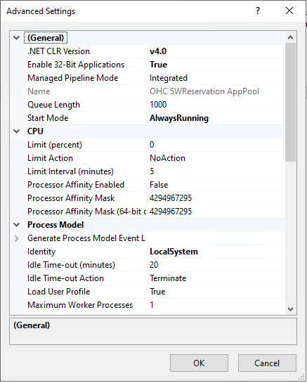 This figure shows the Application Pool Advanced Setting window