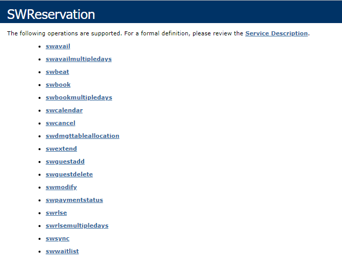 This figure shows the SWReservation Web Services page hosted on SilverWhere Web Service Server