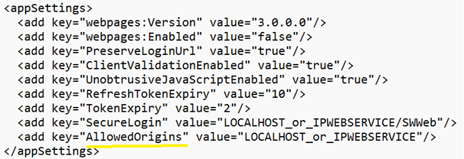 This figure shows the sample AllowedOrigins configuration in AppSettings