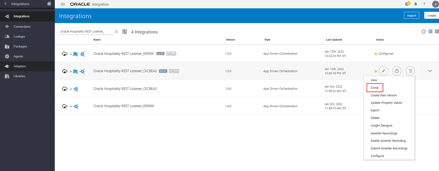 This figure shows the Integrations screen.