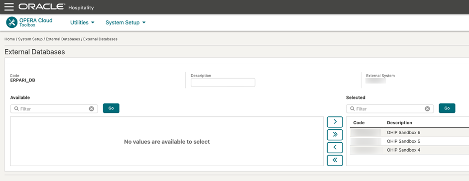 This figure shows the External Databases screen. This figure shows the External Databases screen.